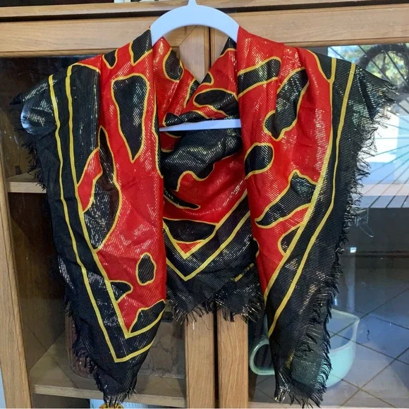Vintage 80s St John Knit Scarf Print Square Red Black Gold Square - Picture 2 of 5